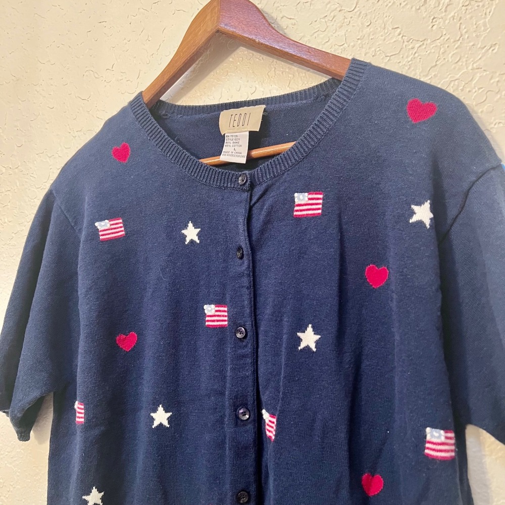 Teddi Womens Navy Blue Short Sleeve Cardigan Sweater Patriotic Hearts Stars L - Picture 2 of 5